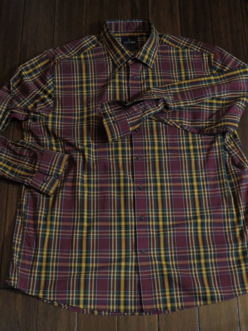 Stafford XL 17-17.5/34-35 Long Sleeve Shirt Plaid Burgundy Yellow Green